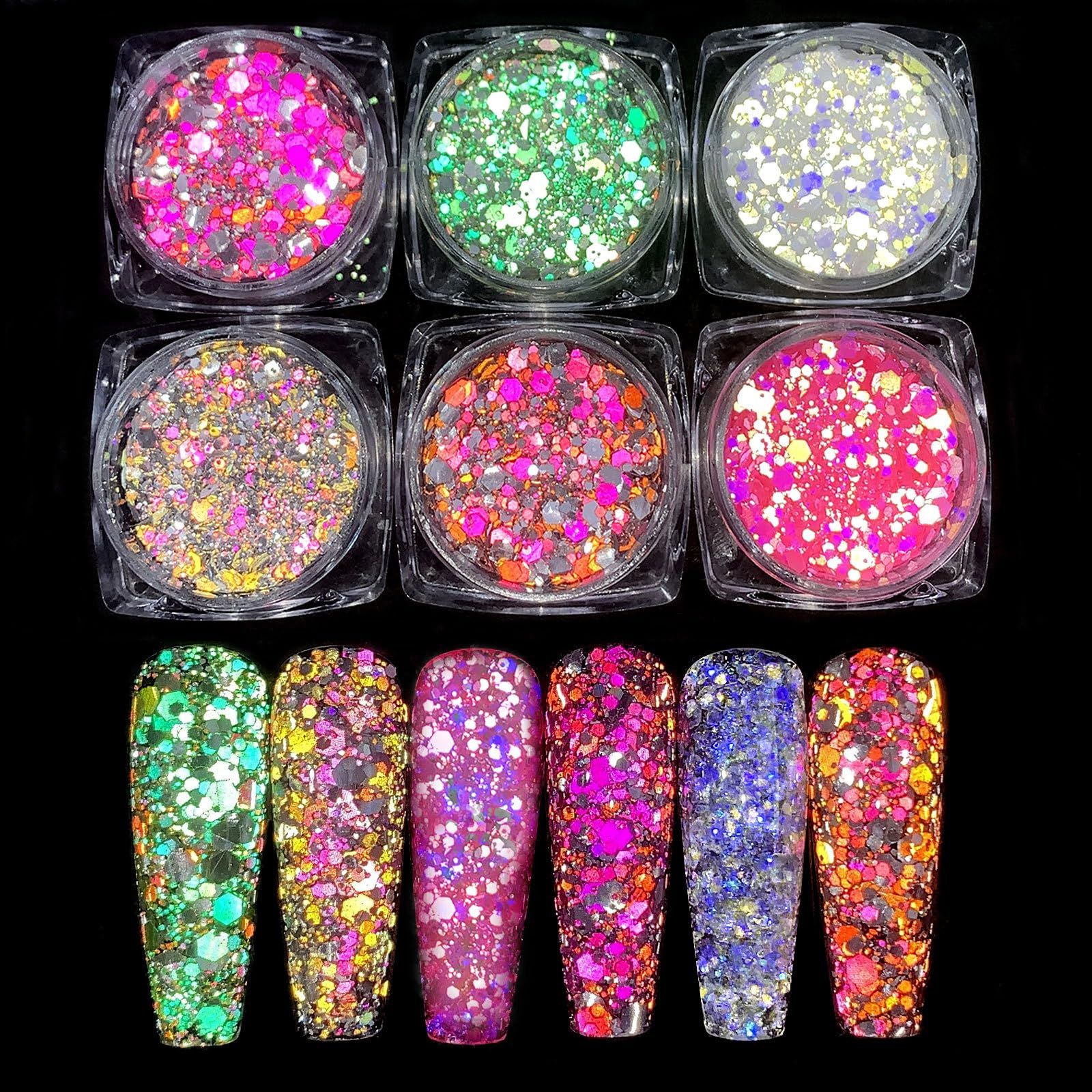 Glow in The Dark Glitter, 6 Color Luminous Iridescent Chunky Glitter, Cosmetic Craft Glitter Set for Epoxy Resin, Body, Face, Nail — image 4