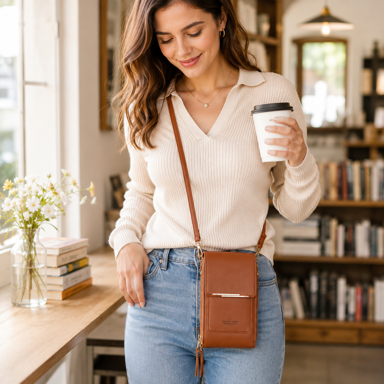 Brown Touch Screen Phone Wallet Crossbody Bag for Women Vertical PU Leather Purse with Card Holder Zipper Pocket Adjustable Strap for Travel Shopping โ image 2