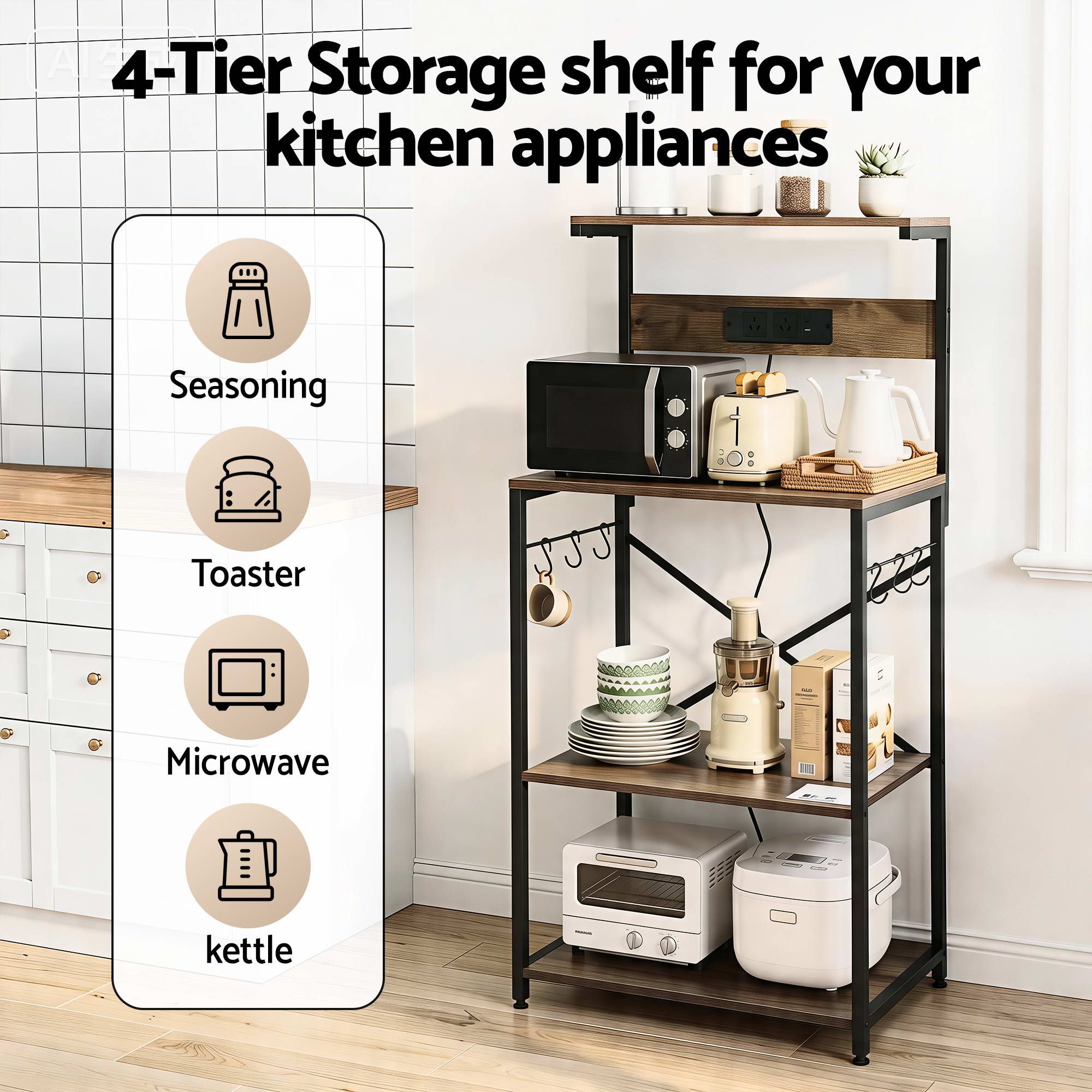 Artiss 4-Tier Kitchen Rack with 2 Power Outlets 6 Hooks Microwave Storage Shelf โ image 5