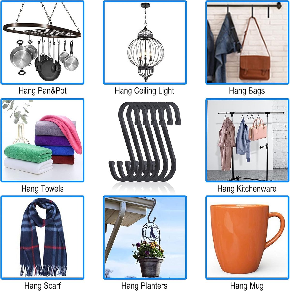 12 pieces - Hanging hooks - S hooks - 85mm - Metal - for hanging pots and pans, plants, coffee cups, clothes - black - for towels in the kitchen, bedroom โ image 6