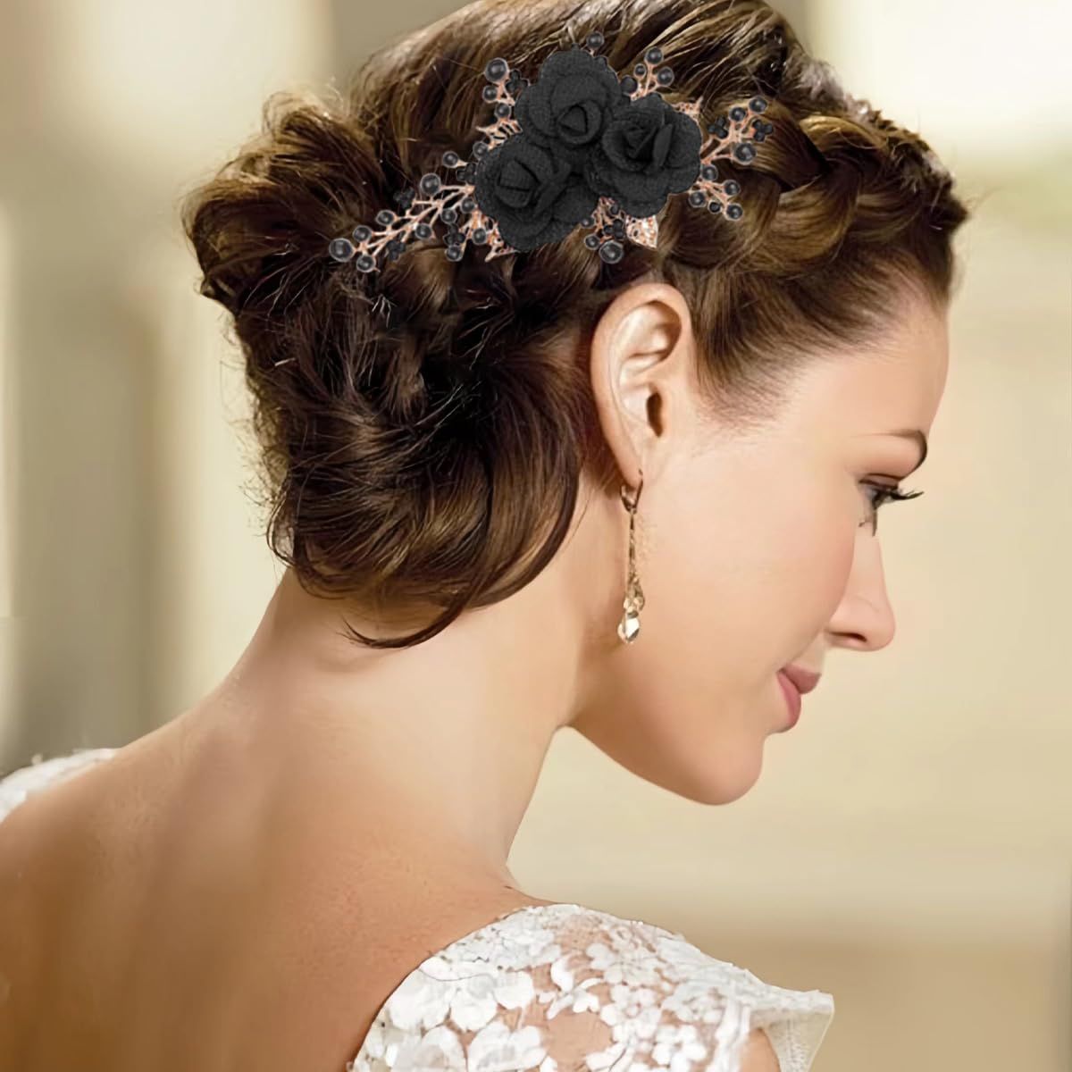 2 PCS Flower Hair Comb Black Bridal Wedding Hair Side Combs Black Rose Floral Rhinestone Pearl Headpiece Vintage Decorative Girl Women Hair Accessories for — image 5