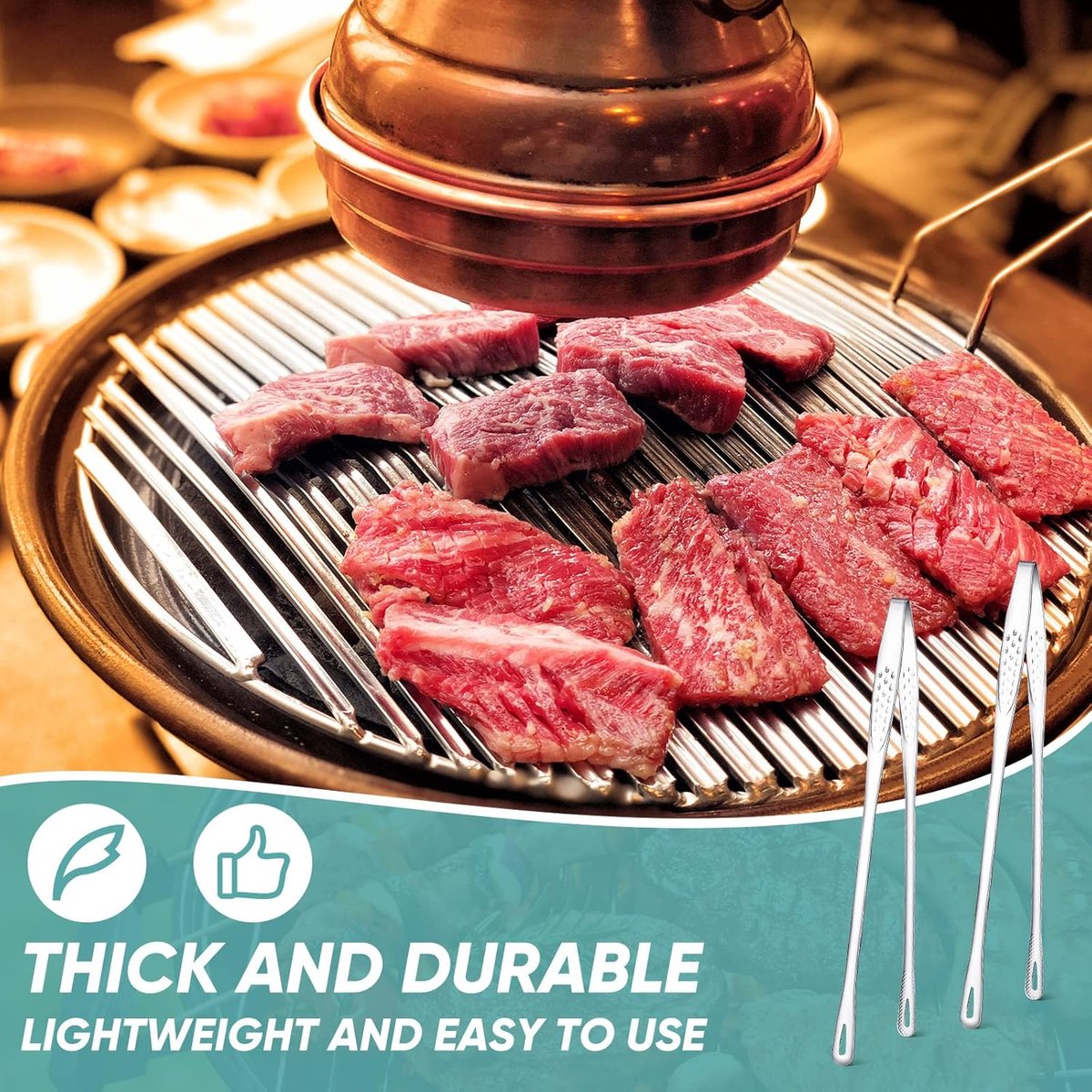 6 Stainless Steel Barbecue Tongs - 28 cm Korean & Japanese Model - Suitable for Grill, Steak, and Salad - Portable Kitchen and Outdoor Tongs Set — image 3