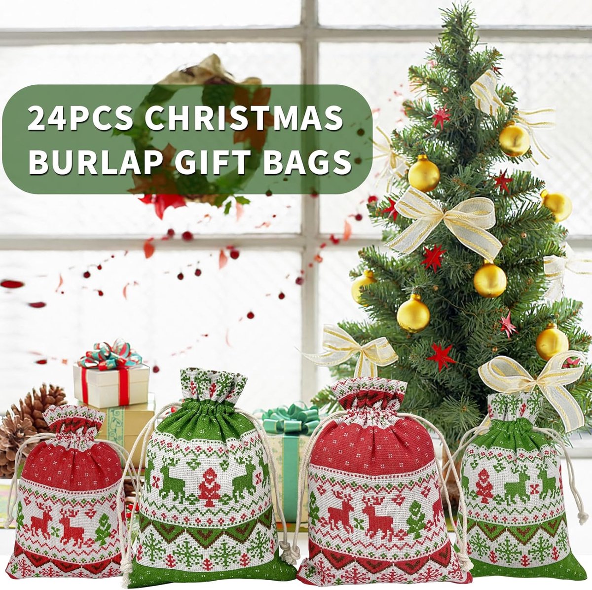 Christmas linen gift bags - 24 pieces - 13x18cm - Christmas decoration for indoors - Reusable - Christmas candy bags with drawstring - Suitable for โ image 2