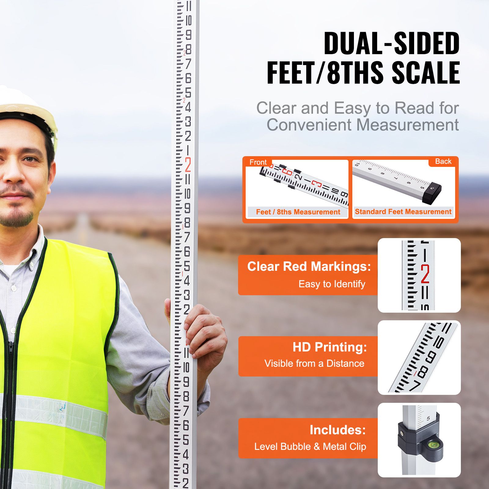 Aluminum Grade Rod, 9-Feet/8ths 3 Sections Telescopic Measuring Rod, Double-Sided Scale 1/8in Leveling Rod Stick, Aluminum Alloy Survey Rod with โ image 2