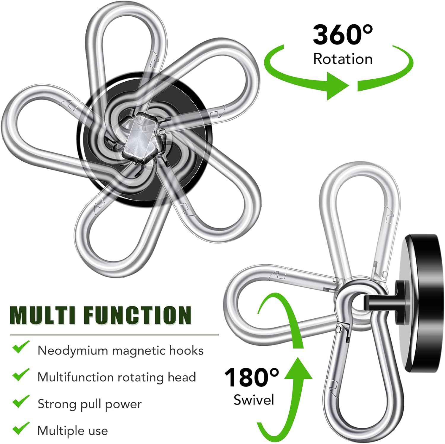 Carabiner Magnetic Hooks, 90LBS Strong Black Magnetic Hooks Heavy Duty with Swivel Carabiner Hook, Great for Hanging for Cruise, Garage, Kitchen, Refrigerator — image 3