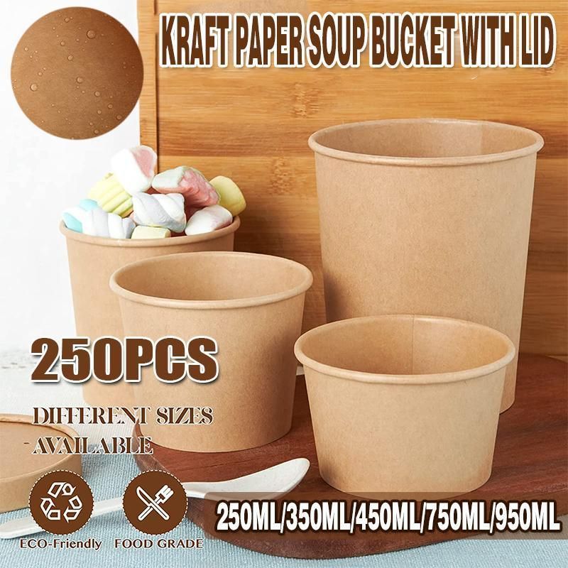 250x Biodegradable Kraft Paper Soup Bucket with Lid Takeaway Tubs Cups - 250ML (8OZ) โ image 2