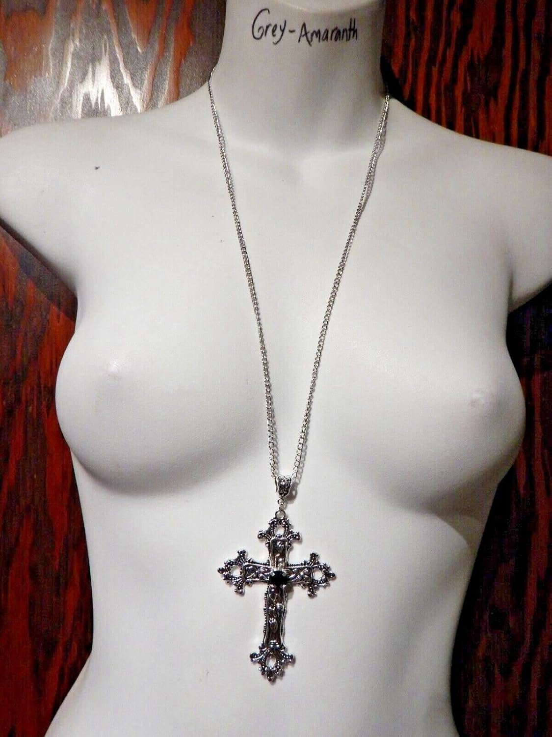 Large Gothic Cross Necklace silver-tone pendant with glass stone, on 24" steel chain… — image 4