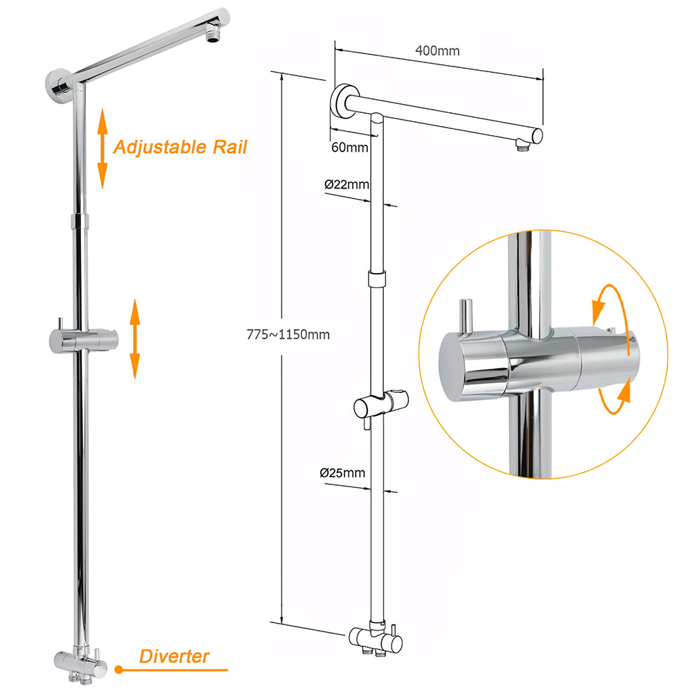 Chrome Square 8" Rain Shower Head 3 Mode Handheld Sliding Rail Arm 2 IN 1 Set Diverter โ image 3