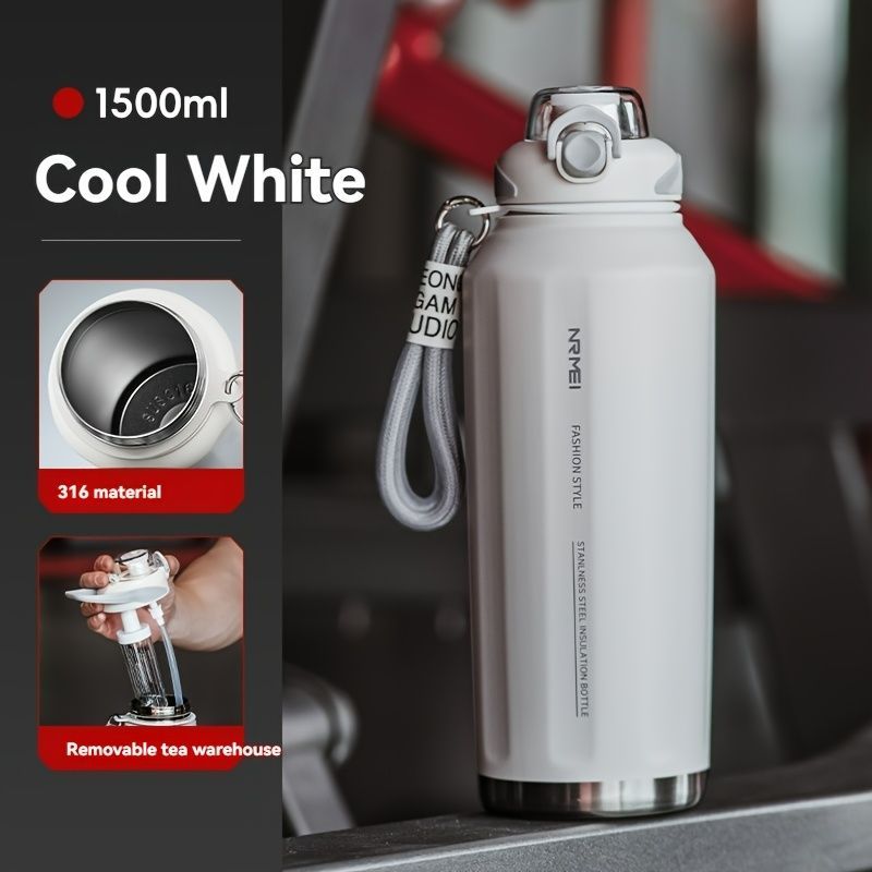316 Stainless Steel Water Bottle Outdoor Insulated Bottle Sports Straw Bottle - White - Size 1200ml