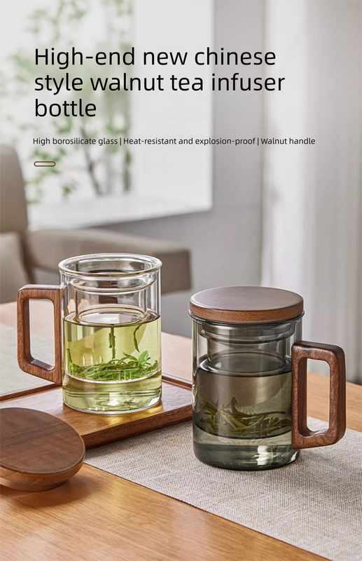 400ml Smoky Grey Borosilicate Glass Tea Mug with Infuser and Wooden Handle Loose Leaf Teacup for Office โ image 2