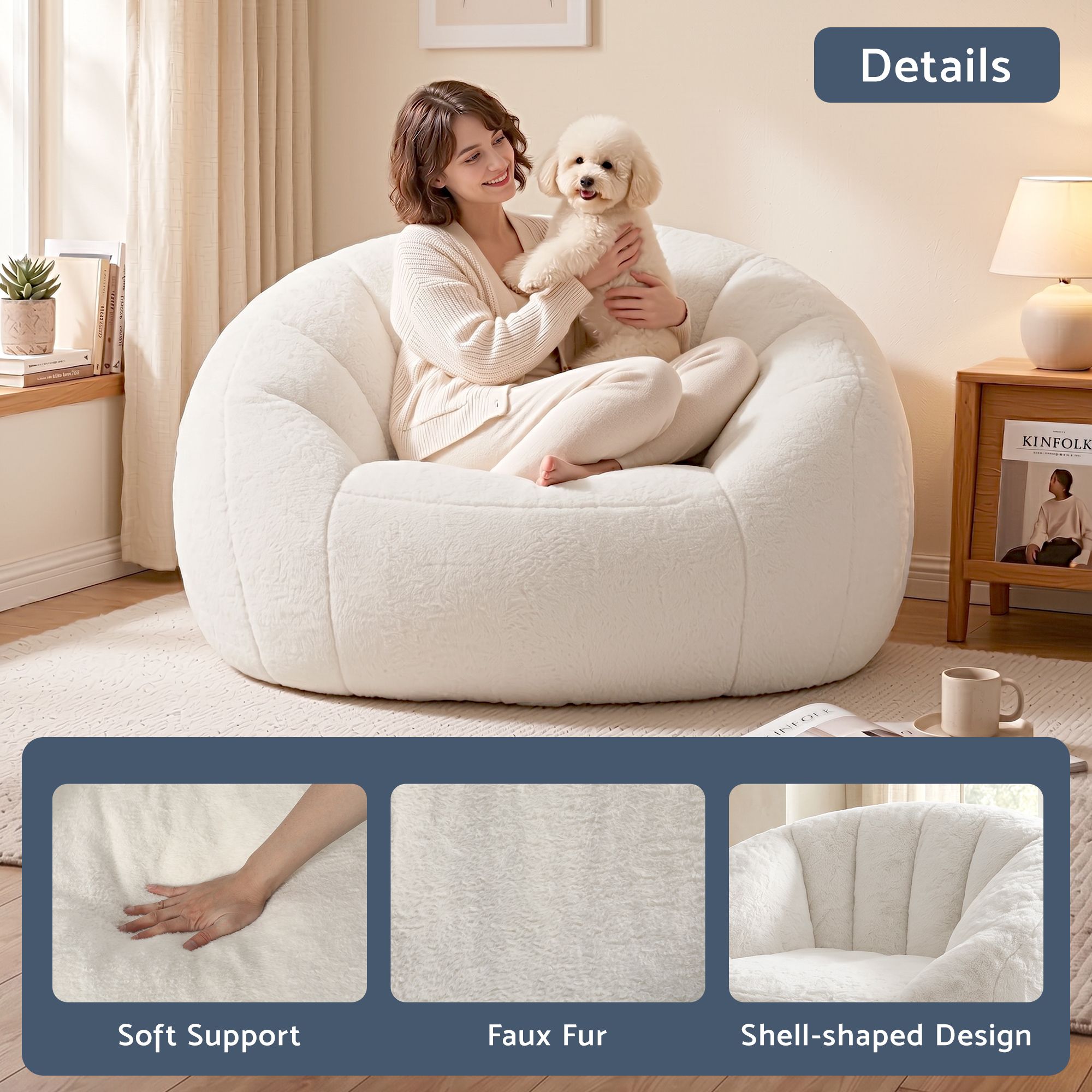 Artiss Single Small Boneless Couch Comfy Bean Bag for Living Room Faux Fur White โ image 6