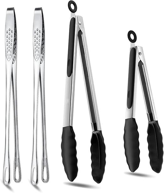 4 Pcs Kitchen Tongs Stainless Steel Set-9" & 12" Tong with Non Slip Silicone Tips and Grip, 11" Stainless Steel Cooking Tongs, Heat Resistant Kitchen Utensils