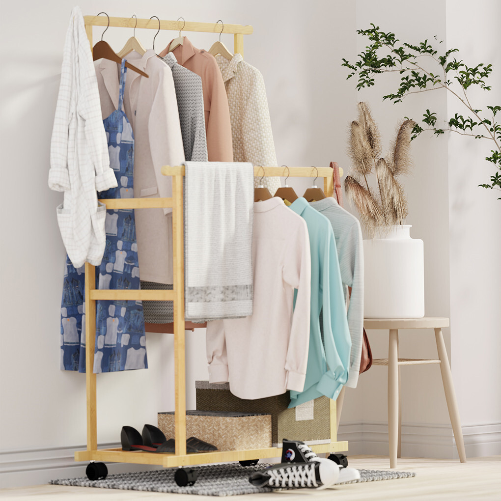 Double Rail Heavy Strong Rolling Clothes Rack with Trousers Rack & Bottom Shelf — image 5