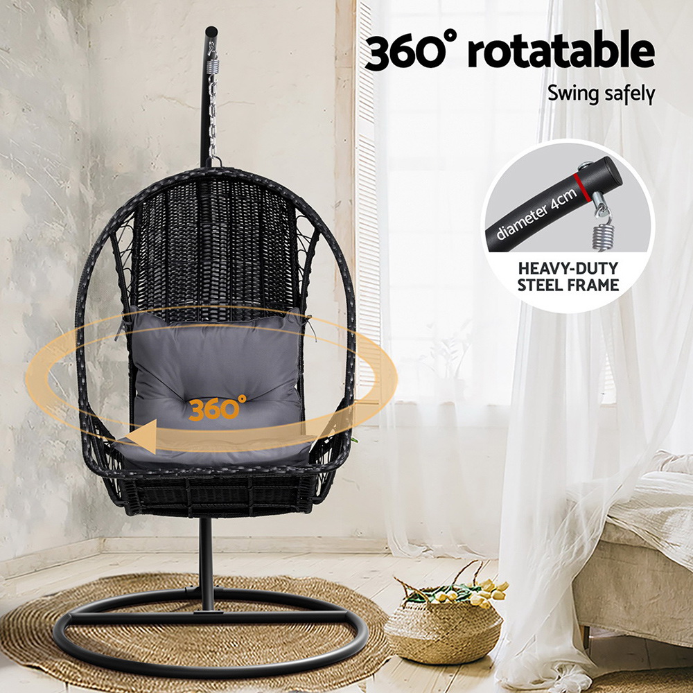 Gardeon Outdoor Egg Swing Chair Wicker Furniture Pod Stand Armrest Black — image 6