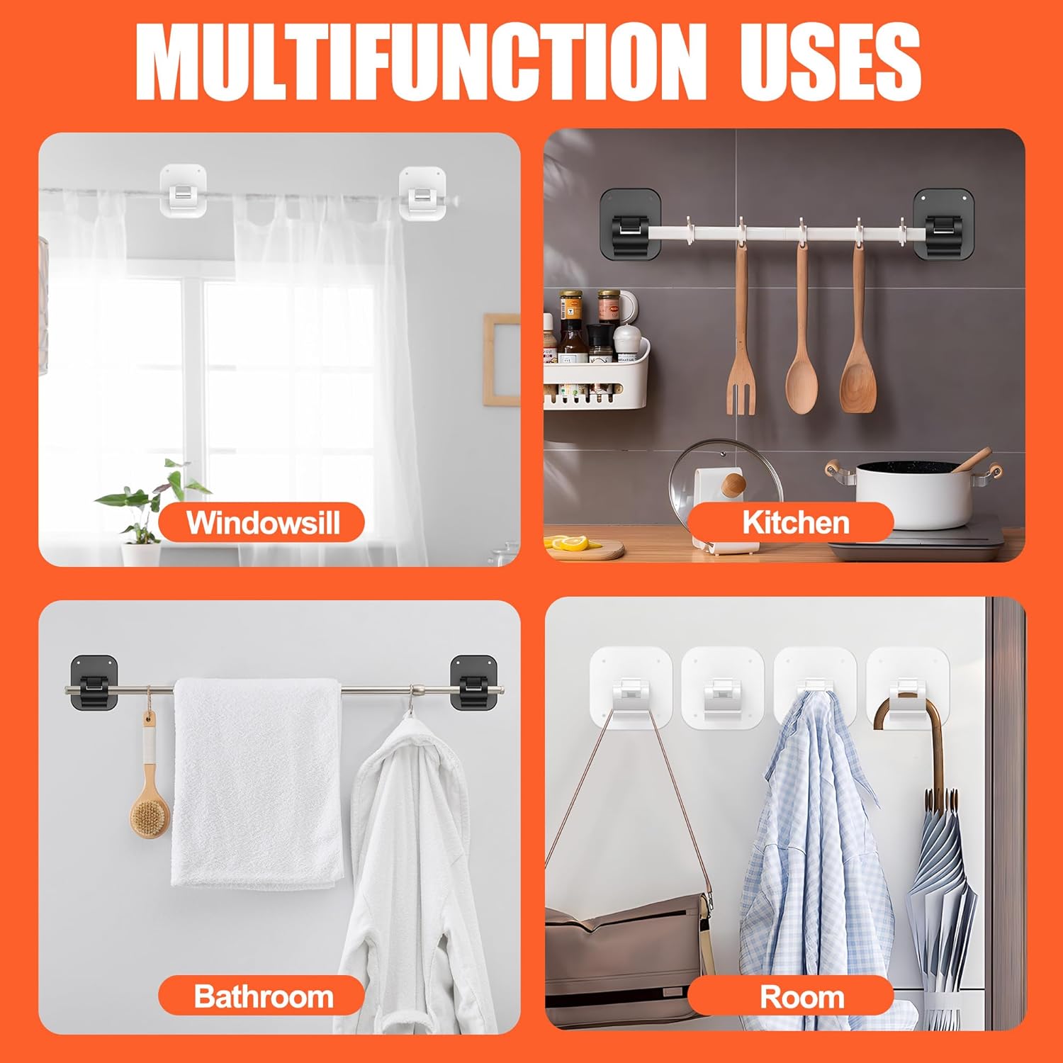 No Drill Curtain Rod Brackets No Drilling Holder 40LB - Renter Friendly Self Adhesive Hooks for Apartment Dorm Classroom Essentials Decor Hanging Drapes Rv โ image 6