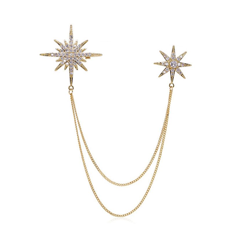 Asymmetric Star Chain Brooch - Rhinestone Double Star Pin with Layered Chains, Elegant Lapel Badge for Women Blazer Coat Dress, Gold Tone
