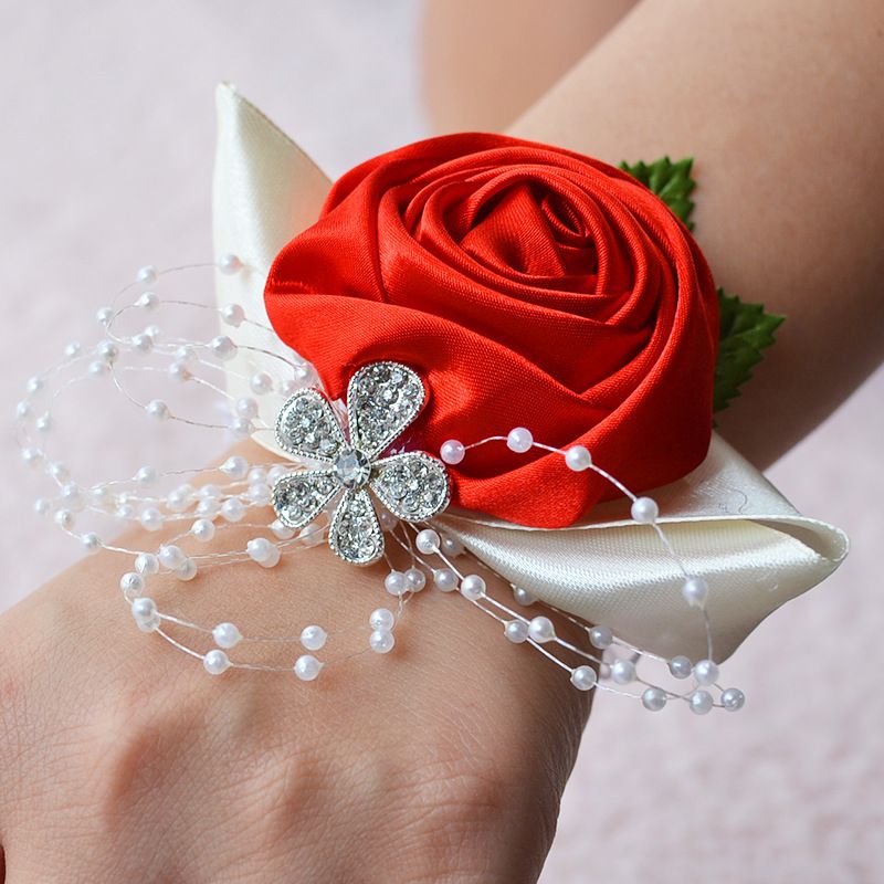 Fashionable wedding bridesmaid wrist flower bust party hand flower decoration with artificial pearl bead wristband red — image 5