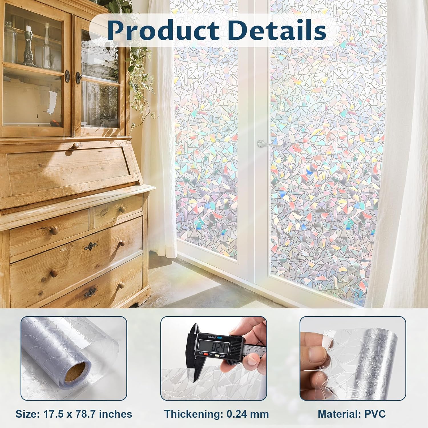 Rainbow Window Privacy Film Non-Adhesive Sun Blocking Reusable and Removable Glass Film Door Coverings for Bathroom, Home, Office, 17.5 x 78.7 Inch โ image 2