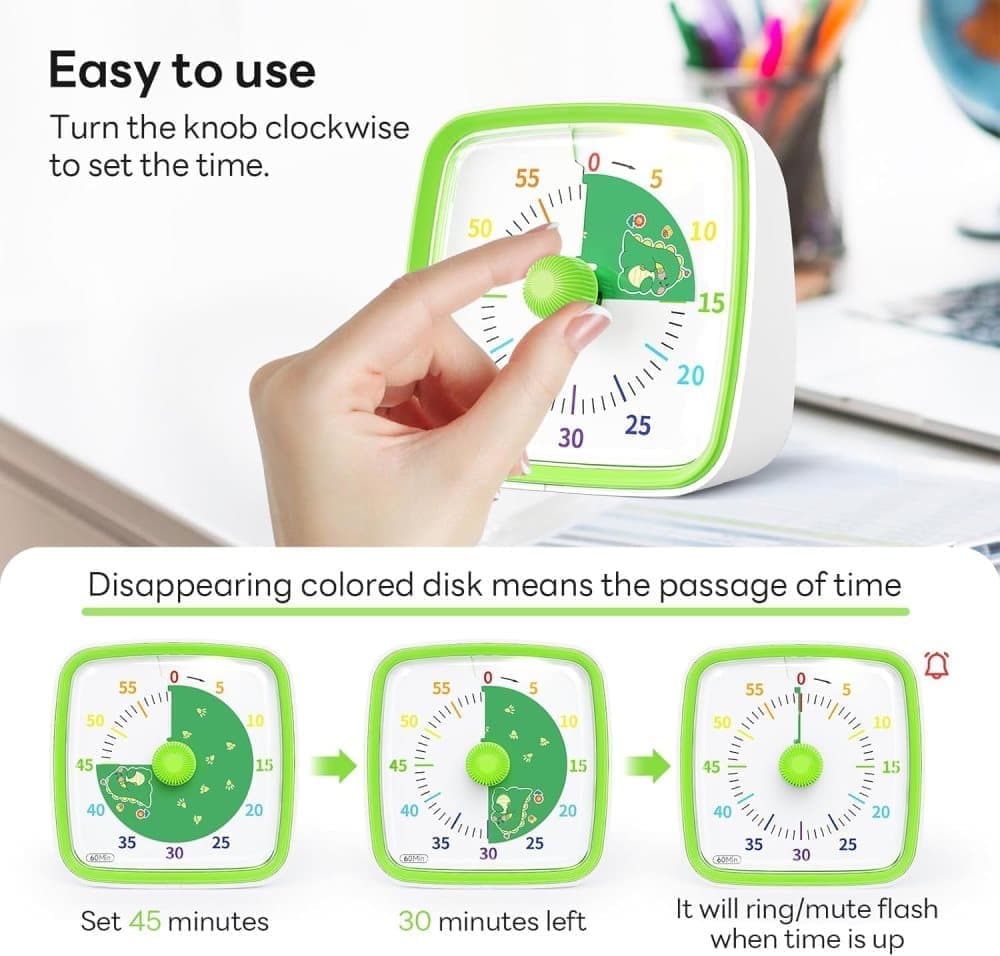 60 Minutes Visual Timer with Rainbow Pattern, Silent Flash Function, Adjustable Volume, Green — image 3