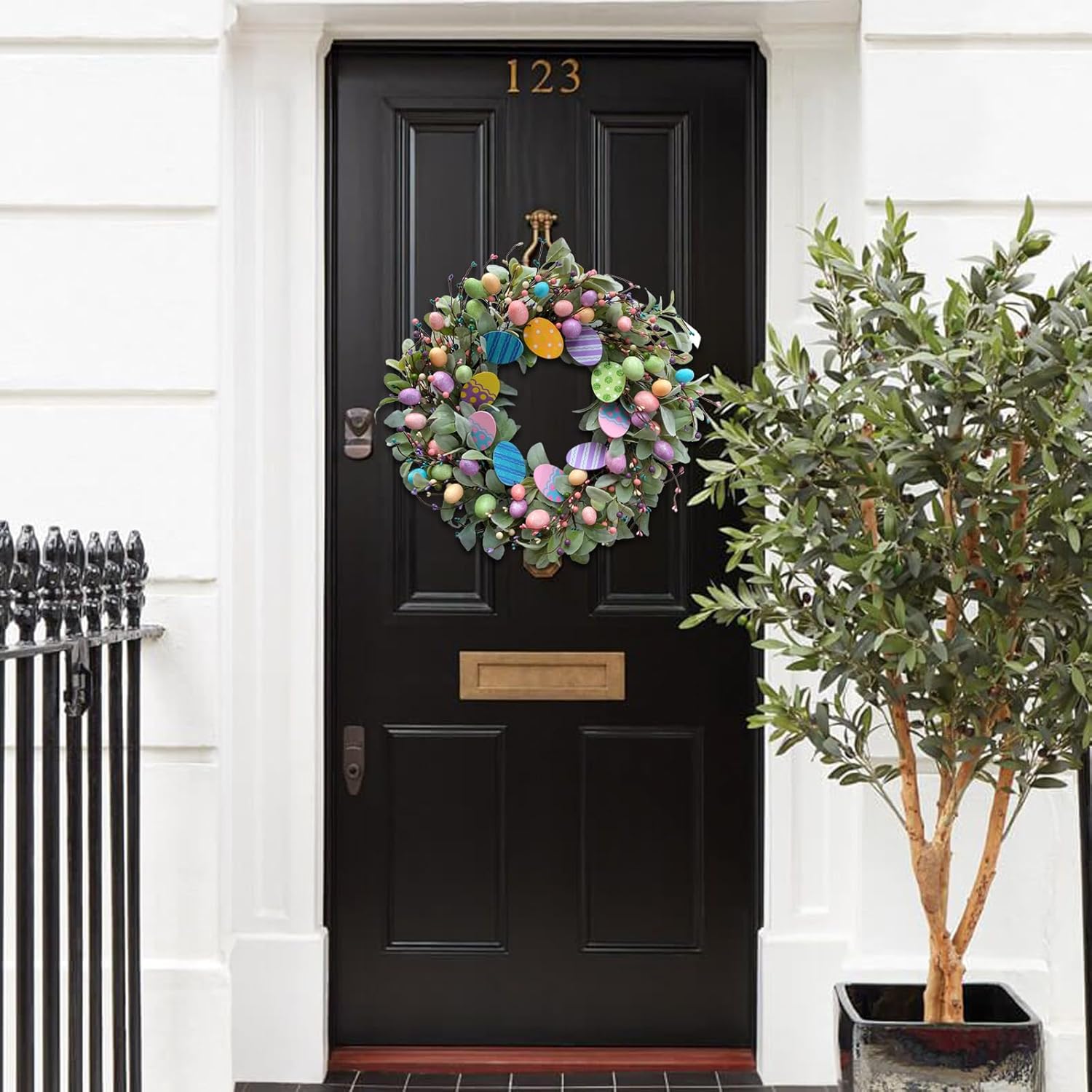 24 Inch Spring Easter Eggs Wreath with Lamb Ears Leaves for Front Door, Glitter Eggs Green Leaves Door Wreath with Berries for Indoor and Outdoor, Easter Egg — image 4