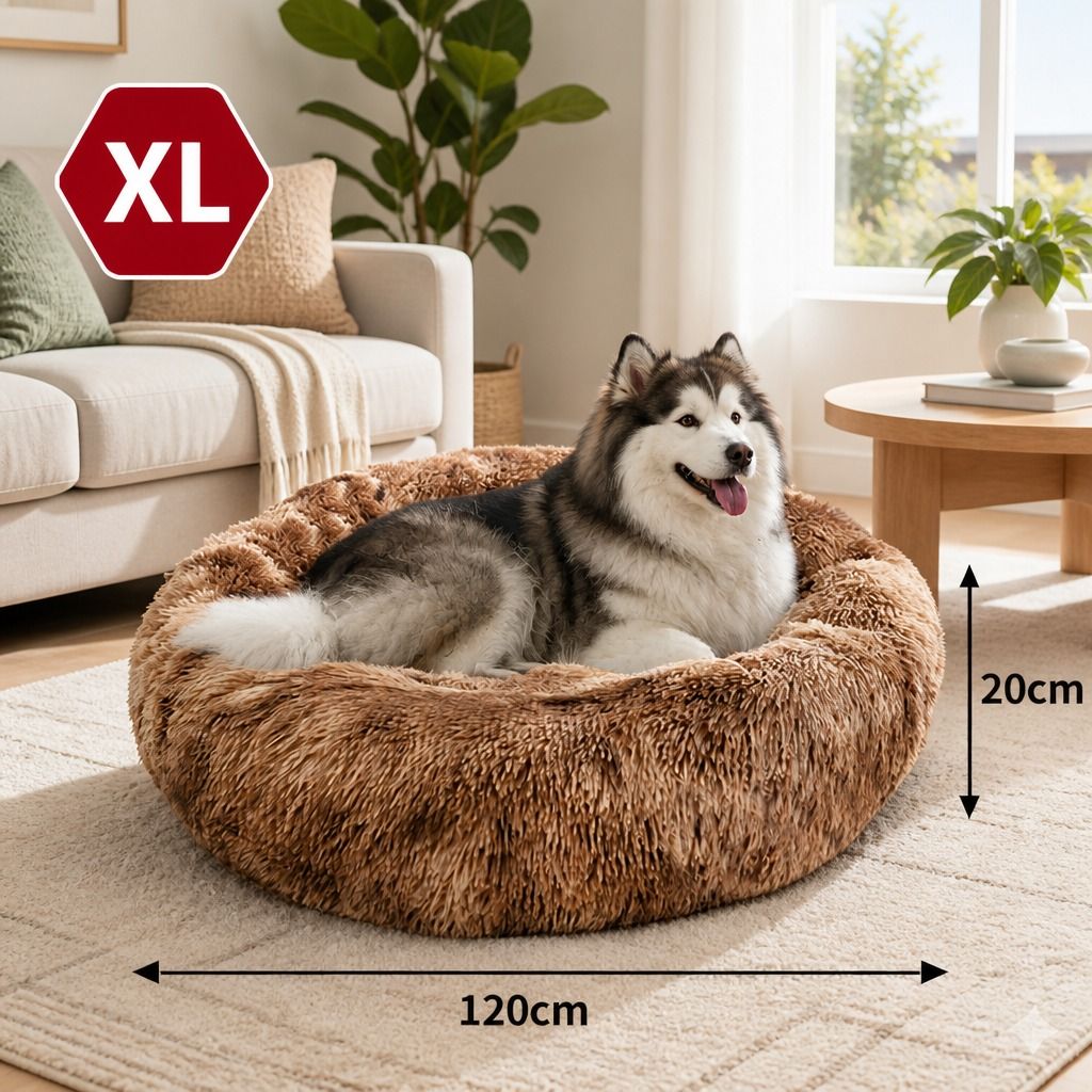 Dog Cat Pet Calming Bed Warm Soft Plush Round Nest Comfy Sleeping Cave 120cm — image 2