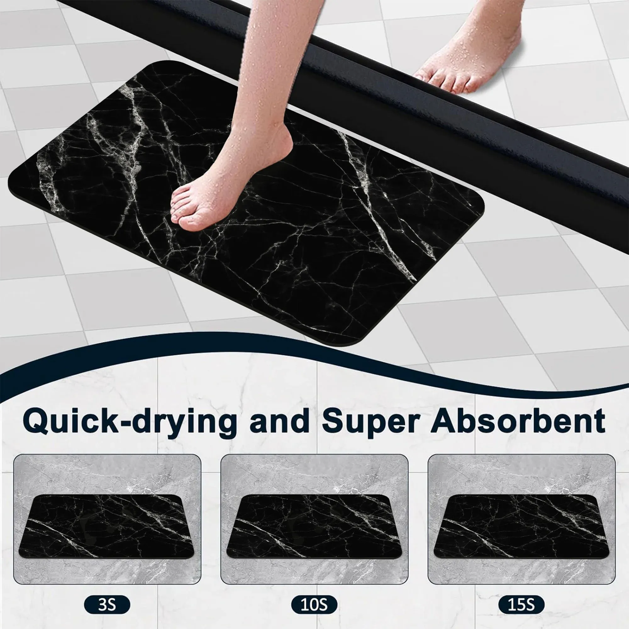 1 Piece Marble Texture Bathroom Rug, Non-Slip Quick Dry Bath Mat for Tub, Shower, Floor and Indoor Outdoor Use, Black — image 4