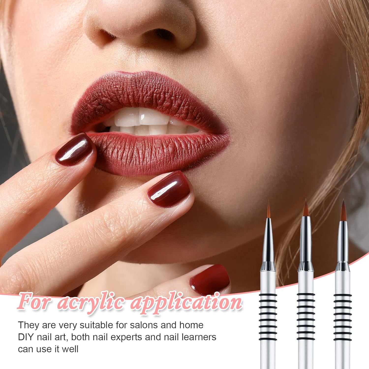 3 Pcs Kolinsky 3D Nail Art Brush Set Size 2/4/5 Acrylic Nail Art Brush with Silver Metal Nonslip Grip Handle Polish Cleaning Manicure Tools for Women Acrylic — image 6