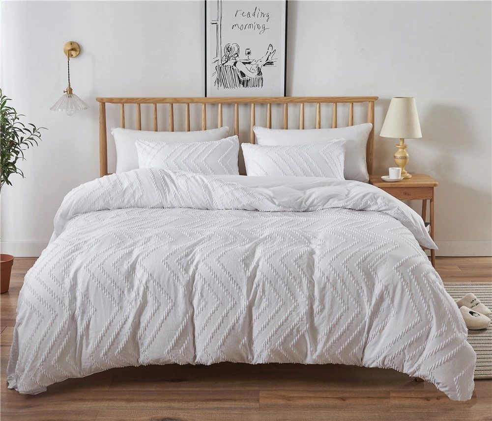 Tufted Boho Wave Jacquard Super King Size White Duvet Quilt Cover Set — image 3