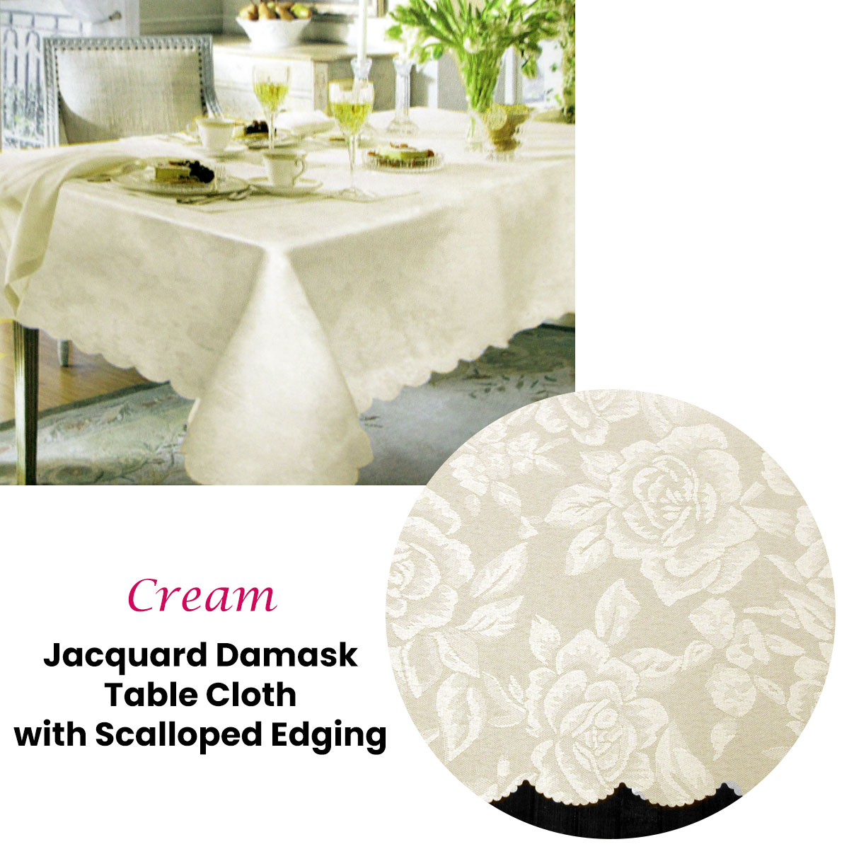 Jacquard Damask Design with Scalloped Edging Table Cloth Cream 140 x 180 cm — image 2
