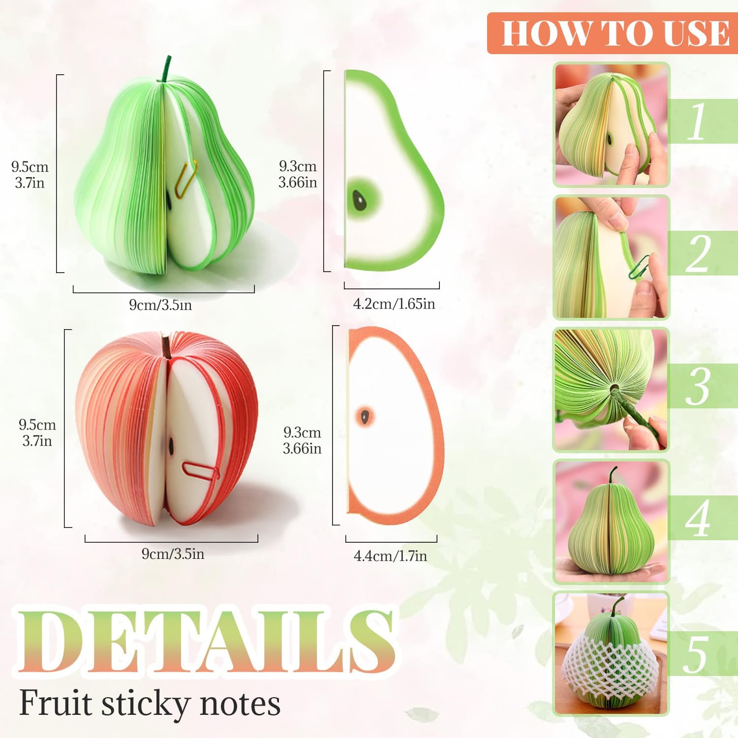 2 Pack 3D Fruit Shaped Non-Sticky Notes, Apple & Pear Sticky Memo Pads, Creative Desk Decoration Notebooks for Office, School, Planner, Journal, Prezzie โ image 3