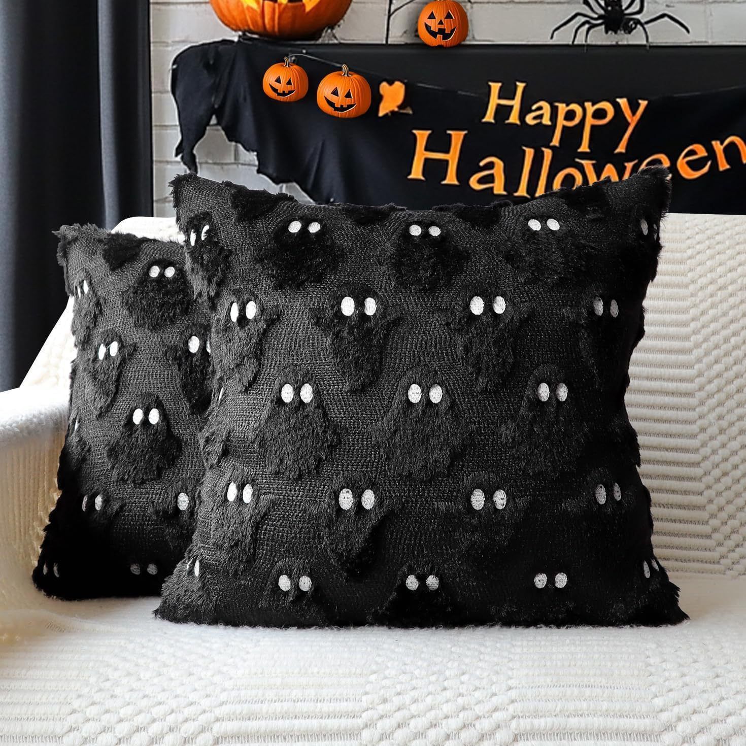 2PCS Short Plush Halloween Cushion Case, Bat Pattern Decorative Pillow Cover, For Living Room Bedroom Couch Layout, 45x45cm, Pillow Insert Not Included — image 5