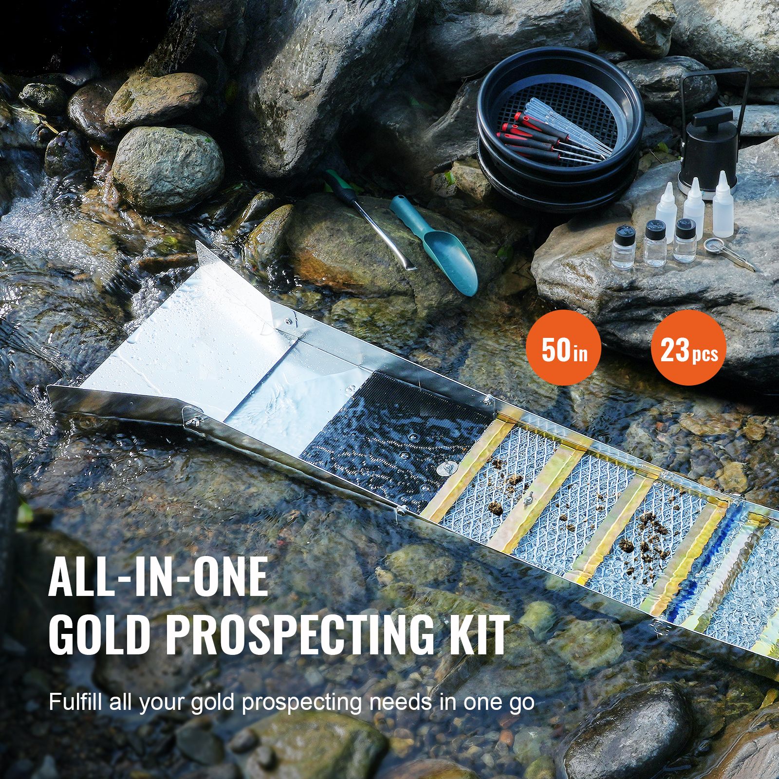 Gold Panning Kit With Sluice Box, 50" Aluminum Gold Mining Equipment, 23 PCS Gold Prospecting Kit with Gold Pan, Classifier Screen, Separating Magnet — image 2