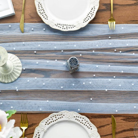 Light Blue Table Veil with White Pearls - Silky Gauze 30x120 Inches - For Weddings, Parties & Table Decorations โ image 2