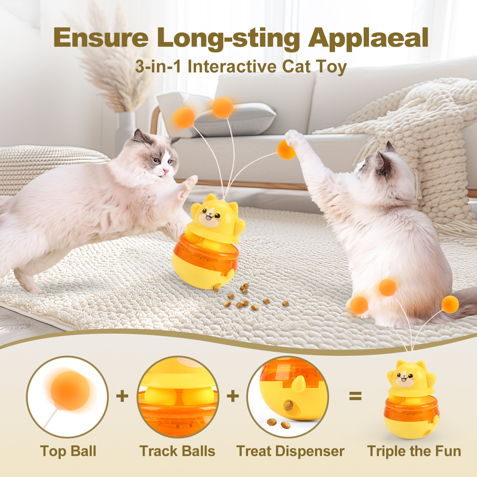 Yellow 3-in-1 Interactive Cat Toy - Tumbler, Treat Dispenser, Track & Teaser Ball — image 2