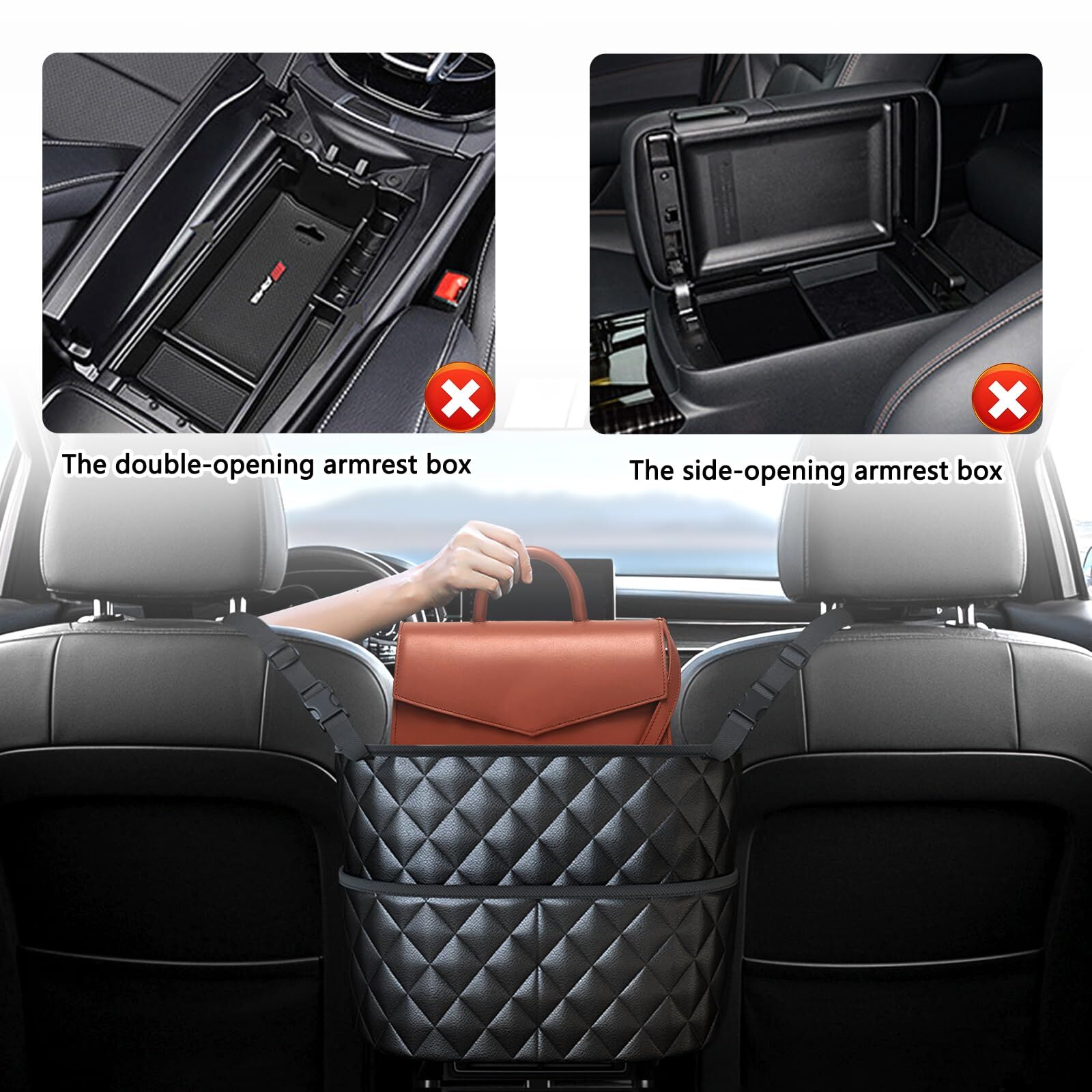 Car Seat Storage Bag: PU Leather Organizer with Hooks – Pet Barrier, Safe Driving Storage for Wallets/Phones (Black) — image 6