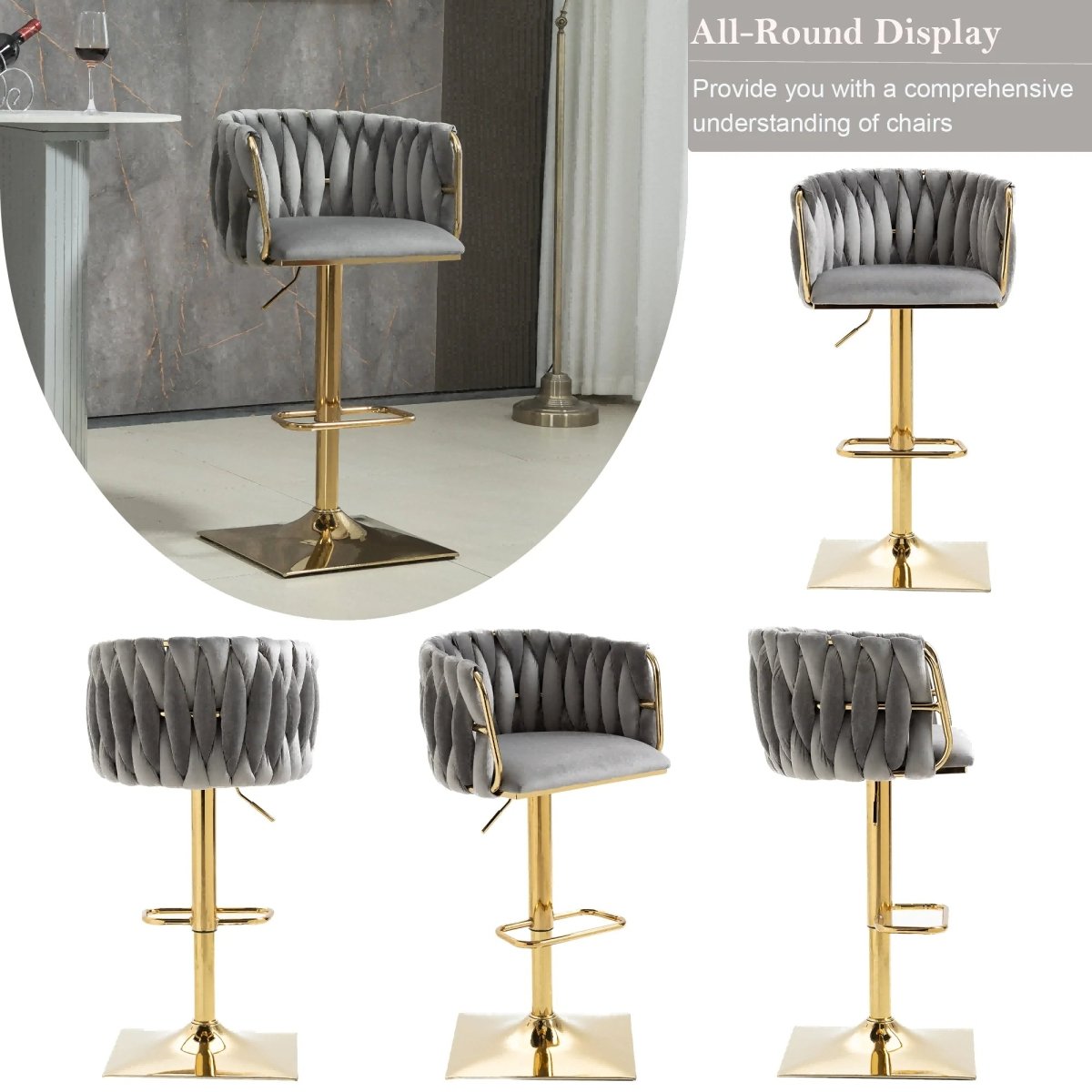 SERENITà Modern Velvet Breakfast Bar Stools Swivel Barstools Adjustable Counter Stools with Backrest Set of 2 Grey — image 2