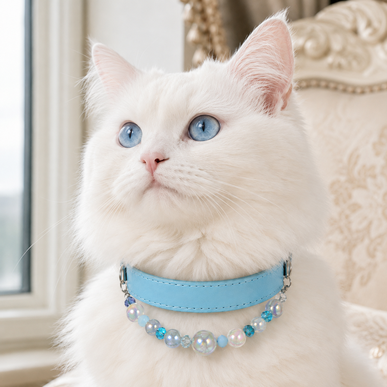 Detachable Beaded Dog Collar - Sky Blue Microfiber PU Leather, Zinc Alloy Hardware, Adjustable S Size 20-28cm Neck, Decorative Pet Collar for Small Dogs — image 3
