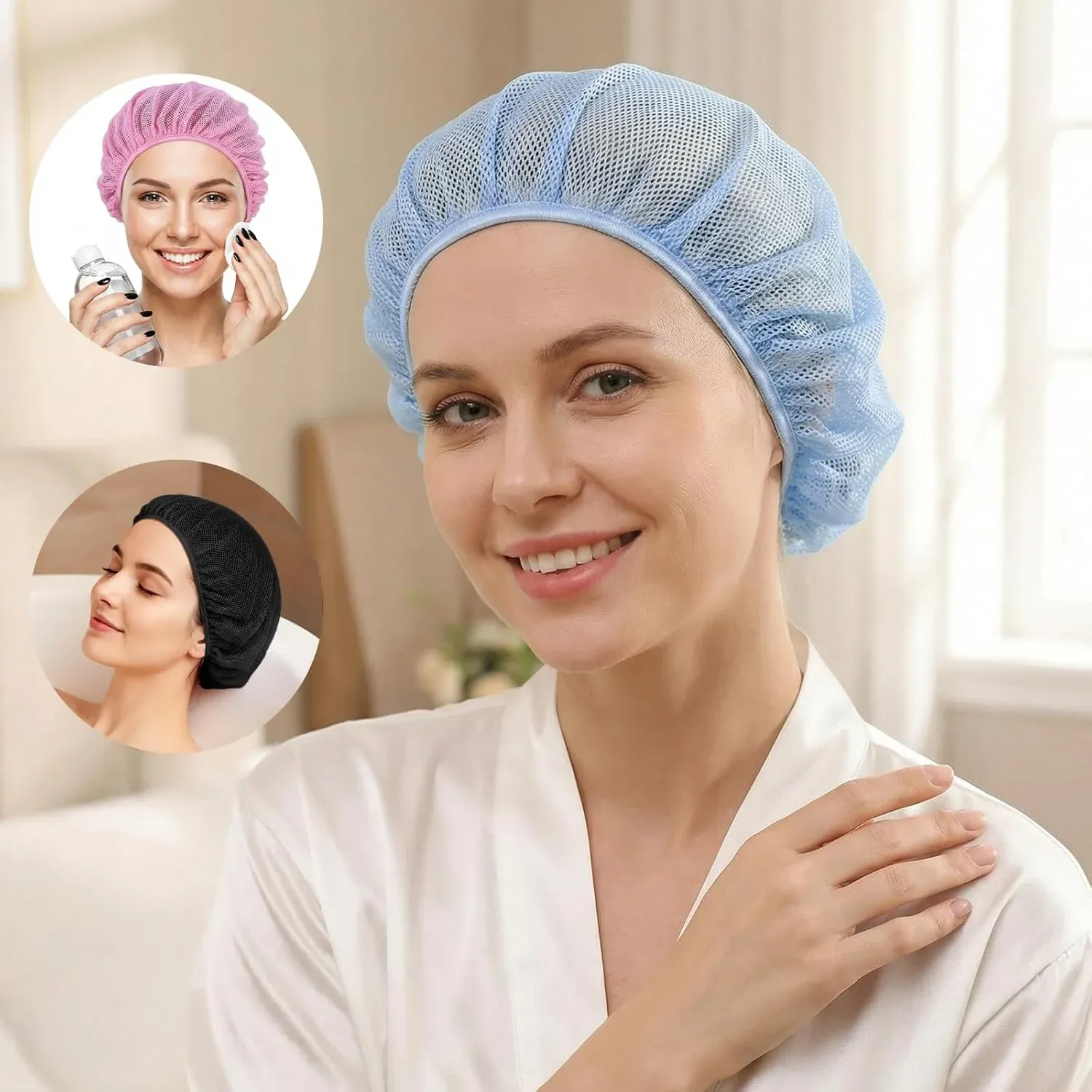 4 Pack Mesh Sleep Bonnets for Women, Breathable Elastic Hair Nets, Pink Blue Orange Black — image 3