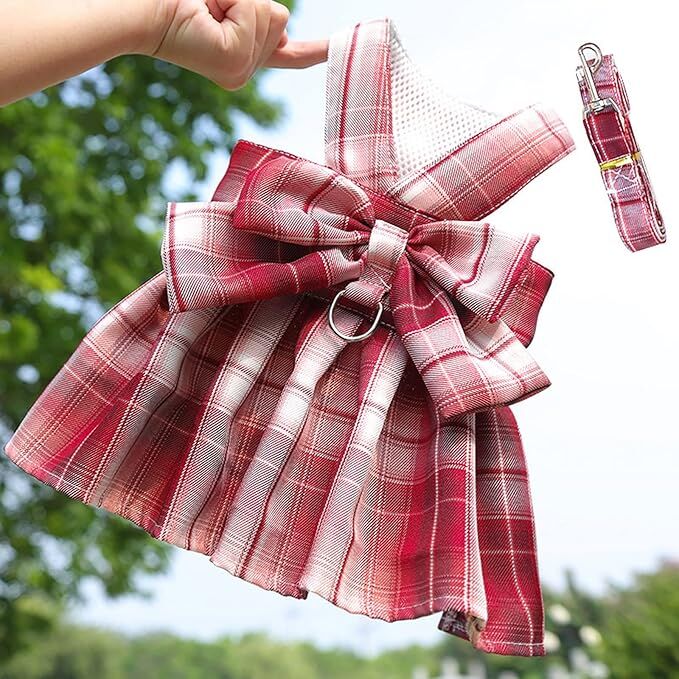 pet products Dog Dress Bowknot Harness Leash Set for Small Dogs Girl Cute Plaid Dog Dress Pearls Bow Tie Spring Summer Princess Clothes Birthday Holiday Doggie — image 5
