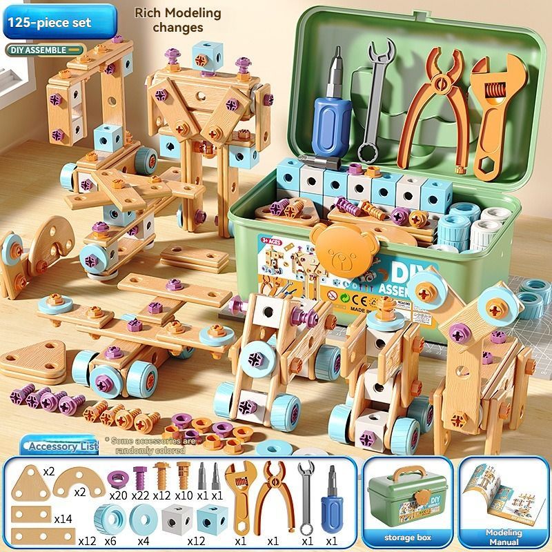DIY assembly toy, wooden building set, electric drill toy for kids, educational construction toy, creative puzzle set, children's tool kit