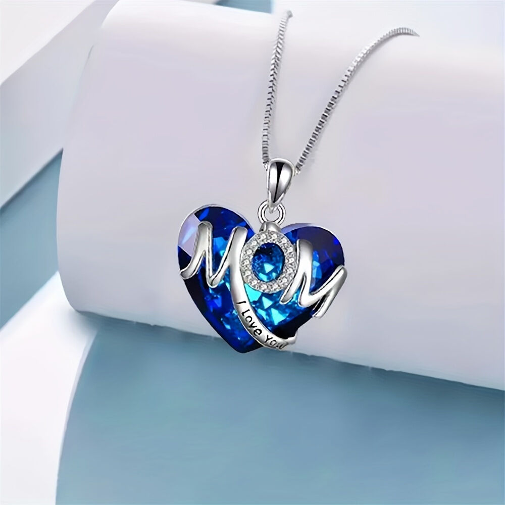 RED Exquisite Heart-shaped Blue Crystal "MOM" Pendant Necklace - Fashionable Women's Mother Necklace, Warm Family Love Jewelry, Romantic Mother's Day Gift — image 6