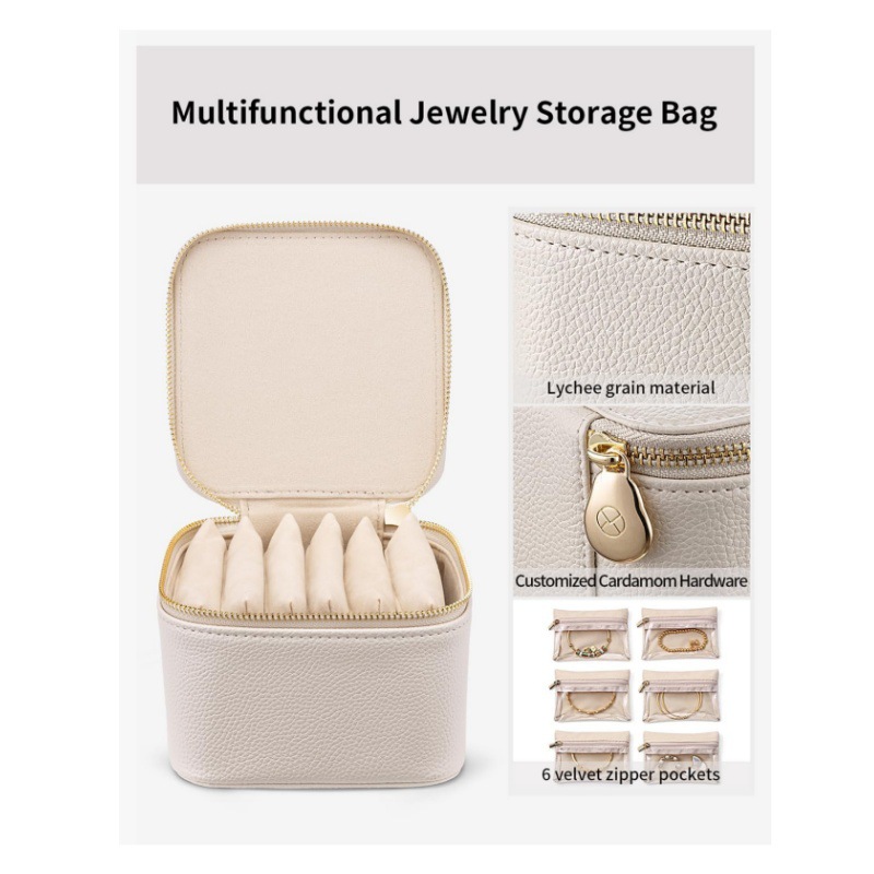 White Compact Travel Jewelry Box with 6 Individual Velvet Zipper Pouches โ image 2