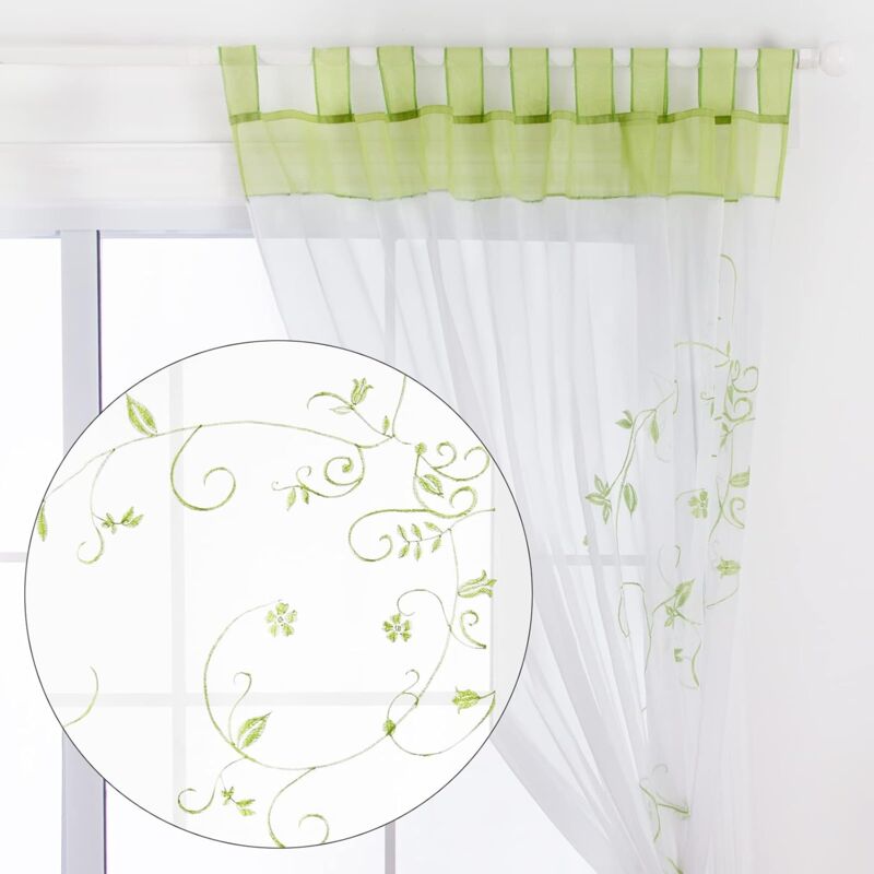 Sheer Curtains Floral Voile Embroidery Tab Top Window Panels For Bedroom Living ROom Decoration 2 Panels, Green, W140Cm — image 3