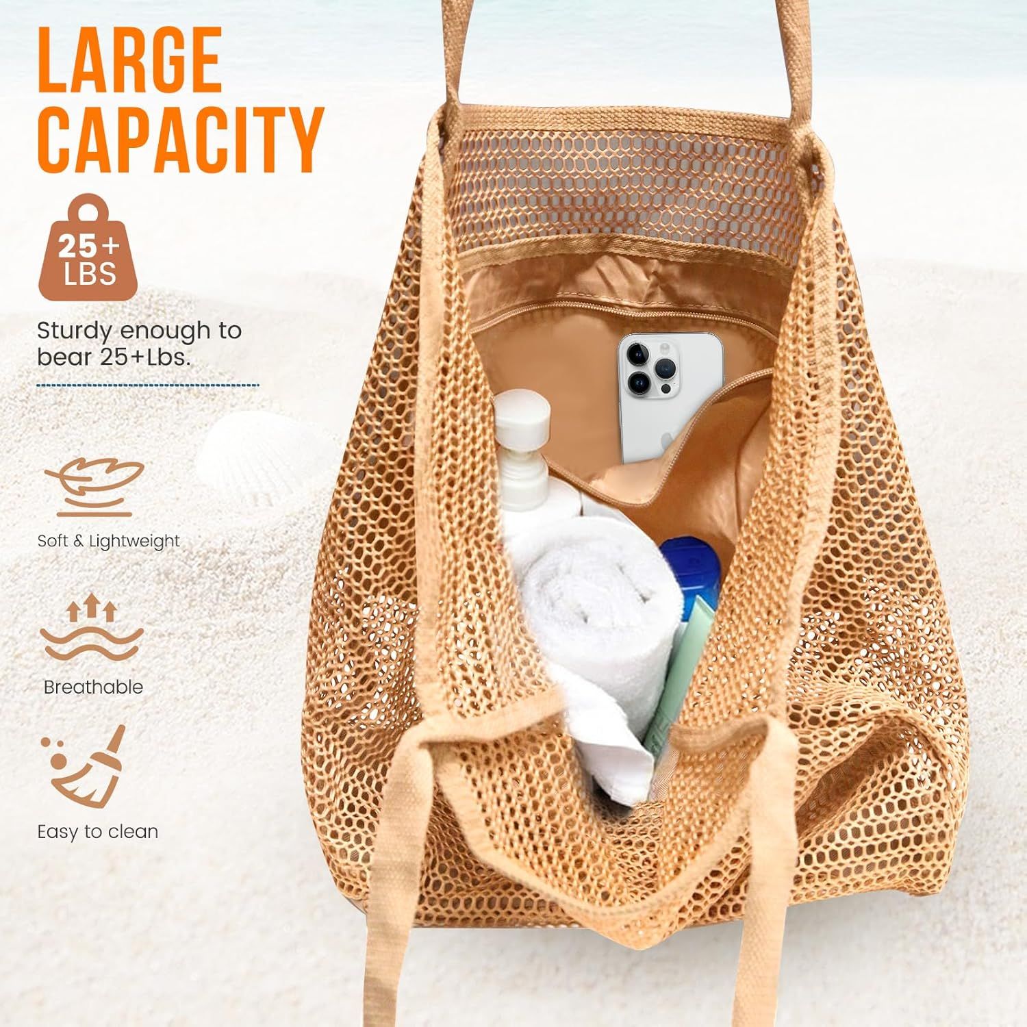 Beach Bags or Women, Summer Travel Mesh Tote Bag with Large Inner Pocket, Sandproo Woven Shoulder Handbag — image 4