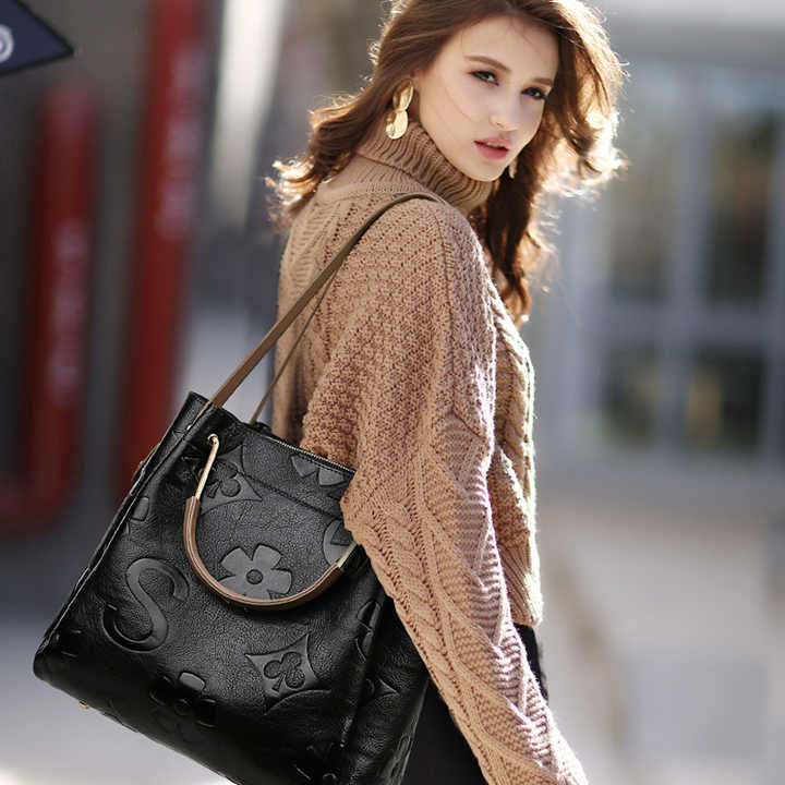 Black Elegant Embossed PU Leather Tote Bag for Women - Large Capacity Handbag with Inner Pouch โ image 5