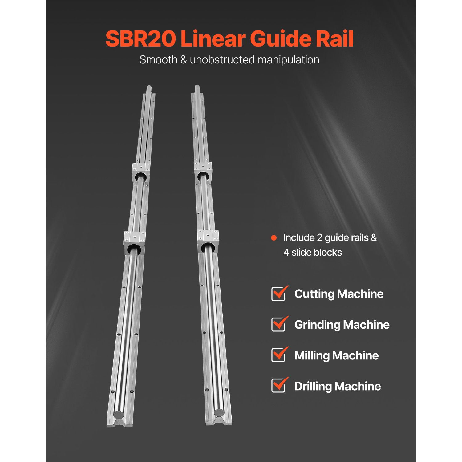 Linear Guide Rail Set, SBR20 1500mm, 2 PCS 59 in/1500 mm SBR20 Guide Rails and 4 PCS SBR20UU Slide Blocks, Linear Rails and Bearings Kit for โ image 2