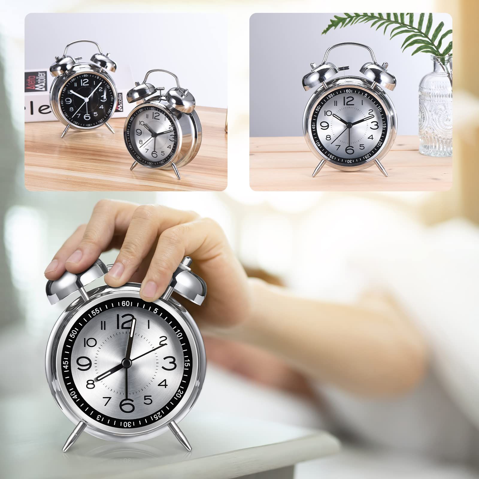 Loud Alarm Clock for Heavy Sleepers Adults,Retro 4 Inch Silent Non-Ticking Quartz with Backlight,Twin Bell Analog Kids Alarm(Grey) — image 4