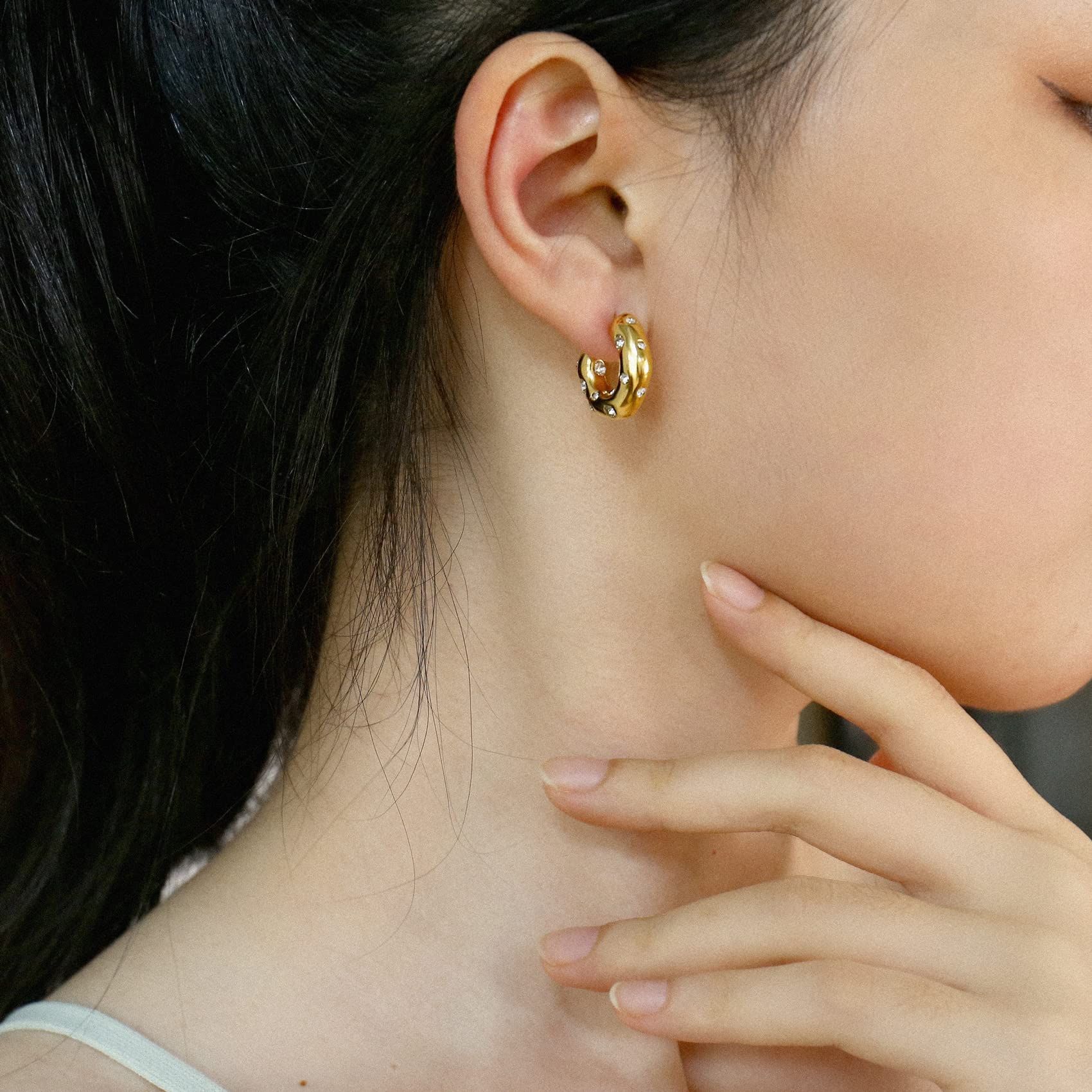 Gold Plated Pearl C-shape Stud Earrings, Gold Vermeil Clear Cubic Zirconia Earrings, Half Hoop Earrings for Women — image 3