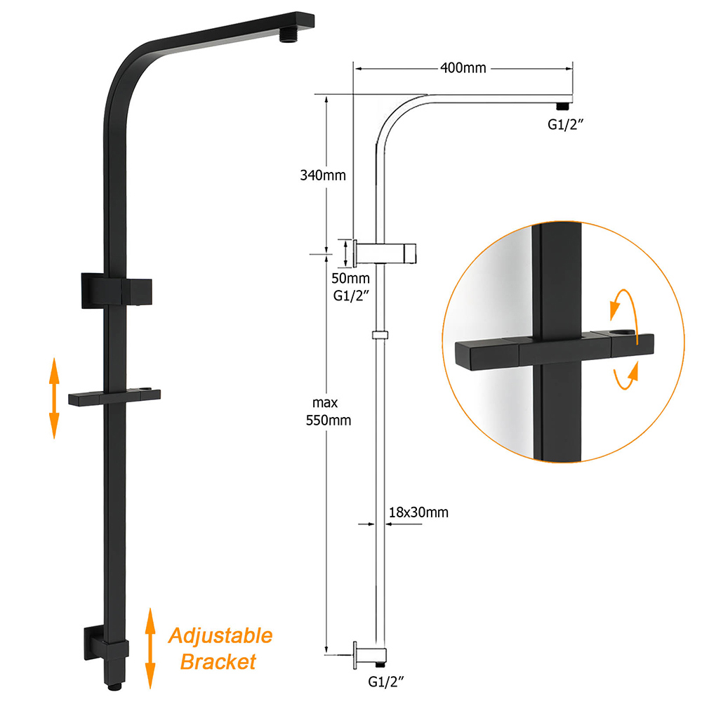 WELS Matt Black 2in1 Shower Set 10" Square Rain Head Handheld Silde Rail Arm Mixer Valve โ image 3