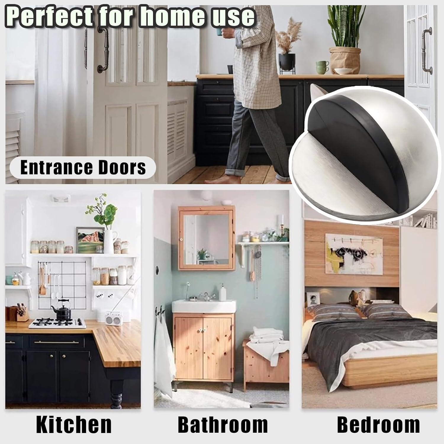 Drill-Free Floor Mounted Door Stoppers 3M Adhesive Self Adhesive Door Stoppers with Black Rubber Bumper Tips Floor Mount Half Dome Door Stopper for Office — image 5